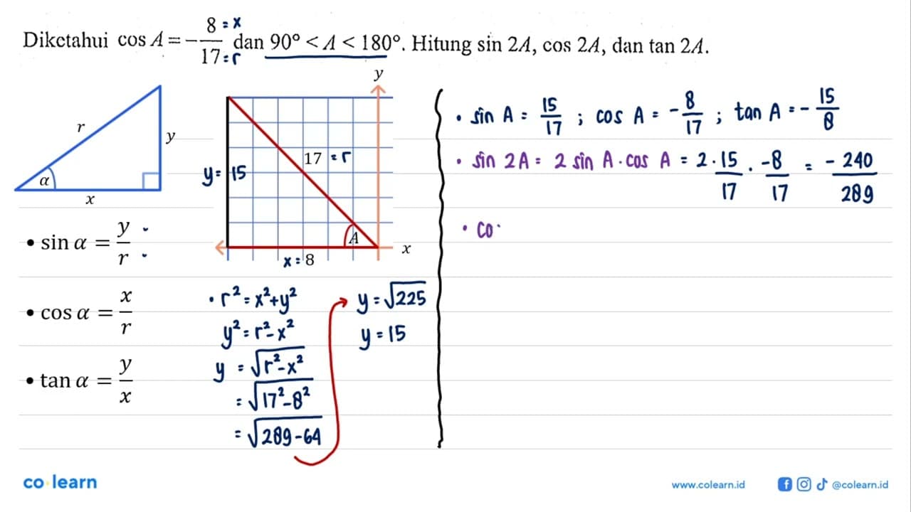 Diketahui cos A=-8/17 dan 90<A<180, Hitung sin 2A, cos 2A,