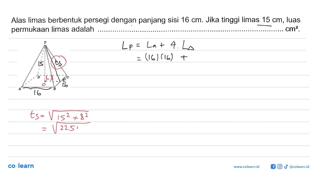 Alas limas berbentuk persegi dengan panjang sisi 16 cm.