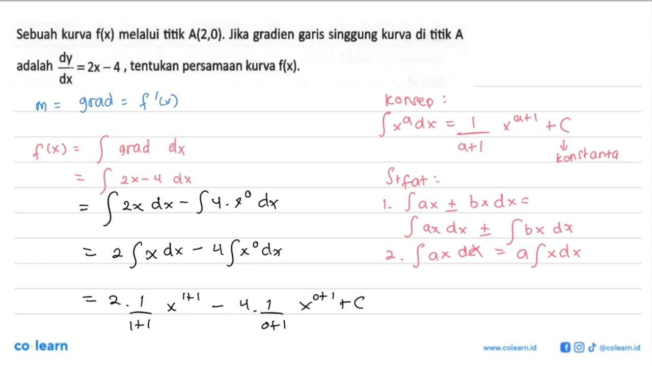 Sebuah kurva f(x) melalui titik A(2,0) . Jika gradien garis