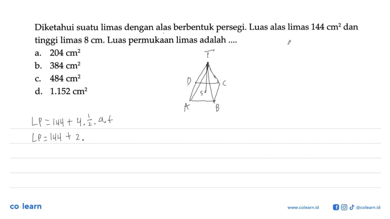 Diketahui suatu limas dengan alas berbentuk persegi. Luas