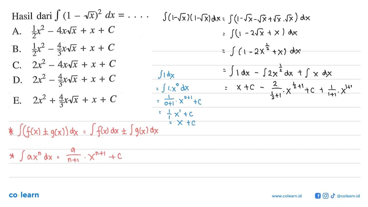 Hasil dari integral (1-akar(x))^2 dx=....