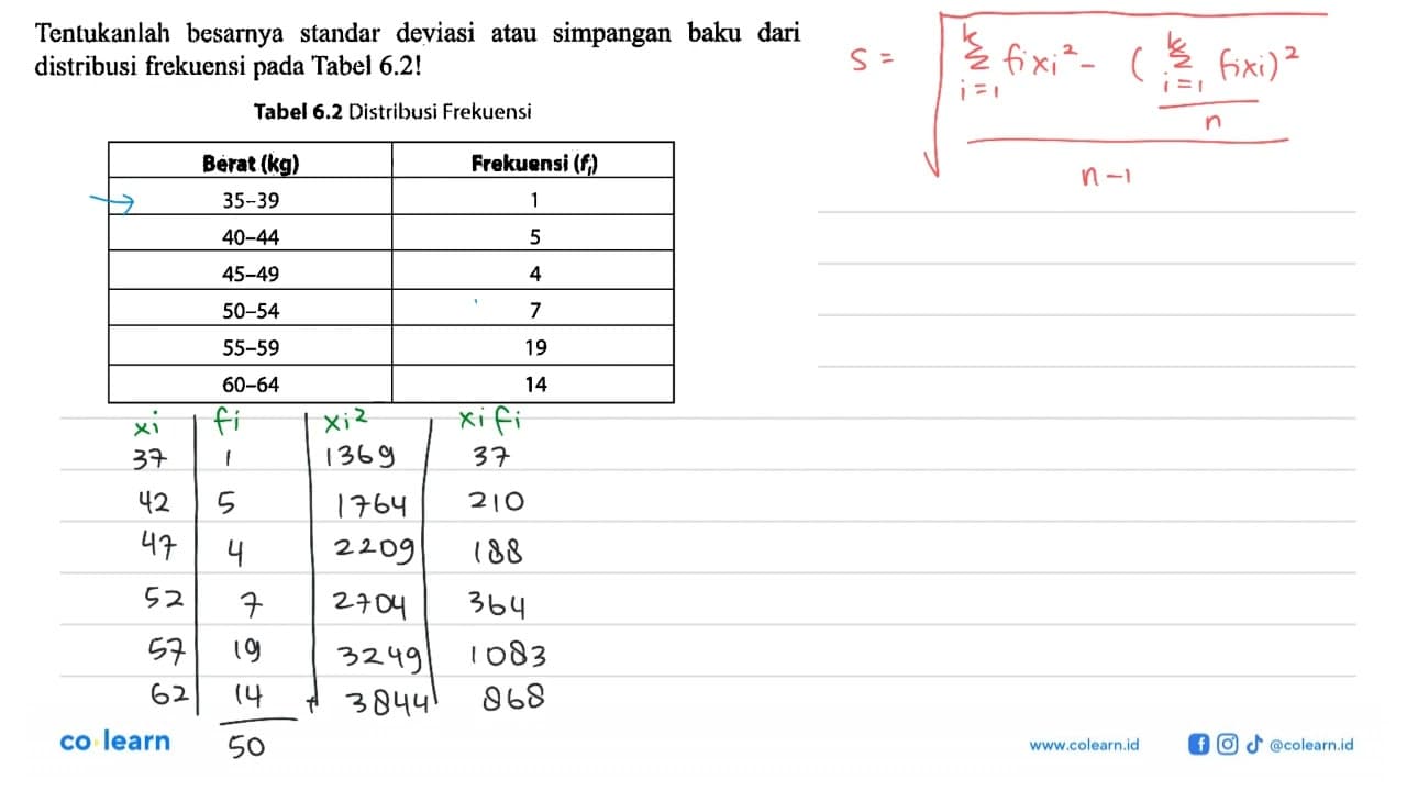 Tentukanlah besarnya standar deviasi atau simpangan baku