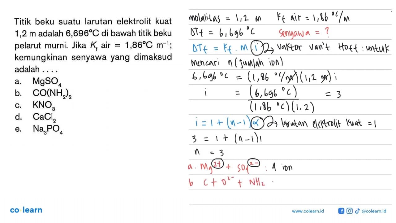 Titik beku suatu larutan elektrolit kuat 1,2 m adalah 6,696