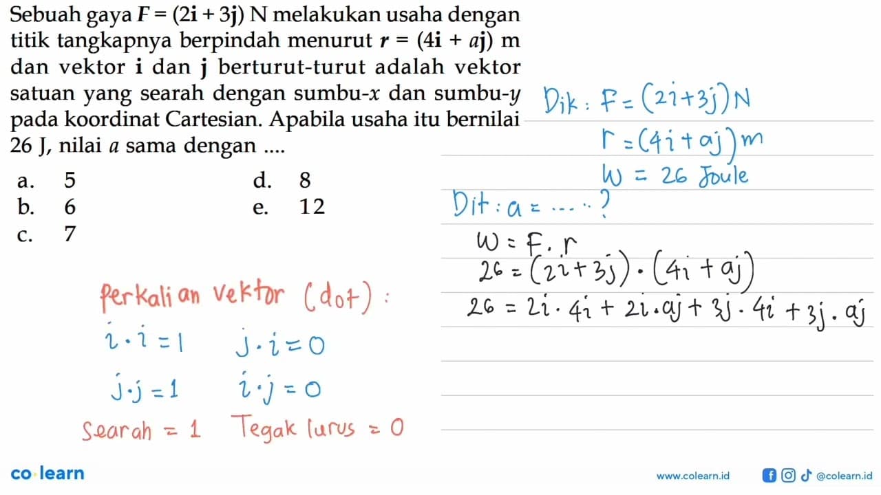 Sebuah gaya F=(2i+3j) N melakukan usaha dengan titik
