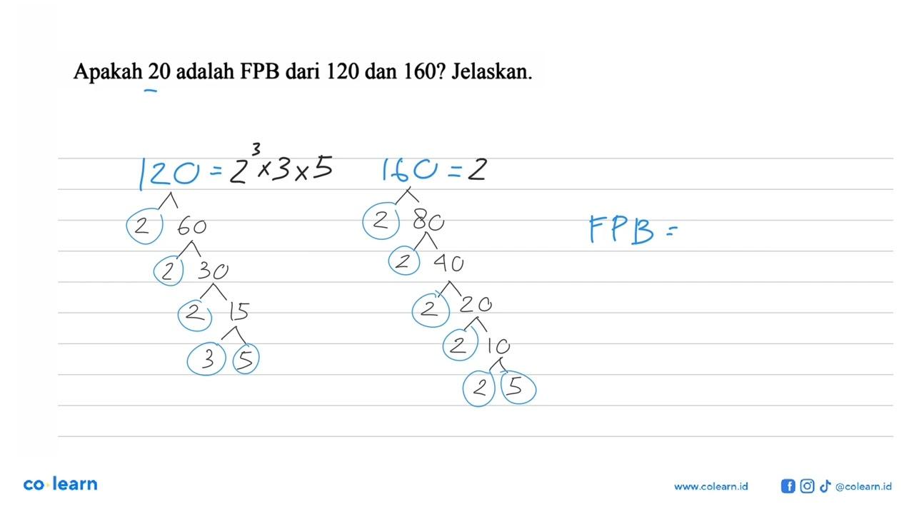 Apakah 20 adalah FPB dari 120 dan 160? Jelaskan.