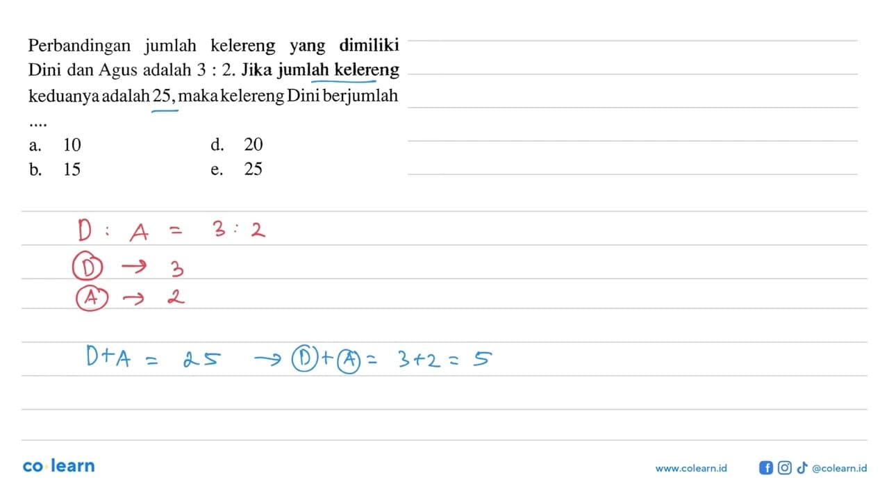 Perbandingan jumlah kelereng yang dimiliki Dini dan Agus