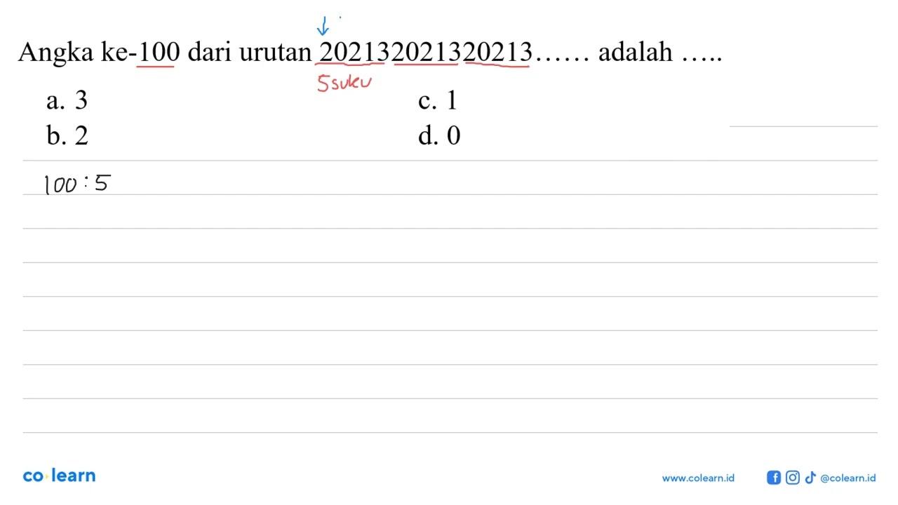 Angka ke-100 dari urutan 202132021320213... adalah ....