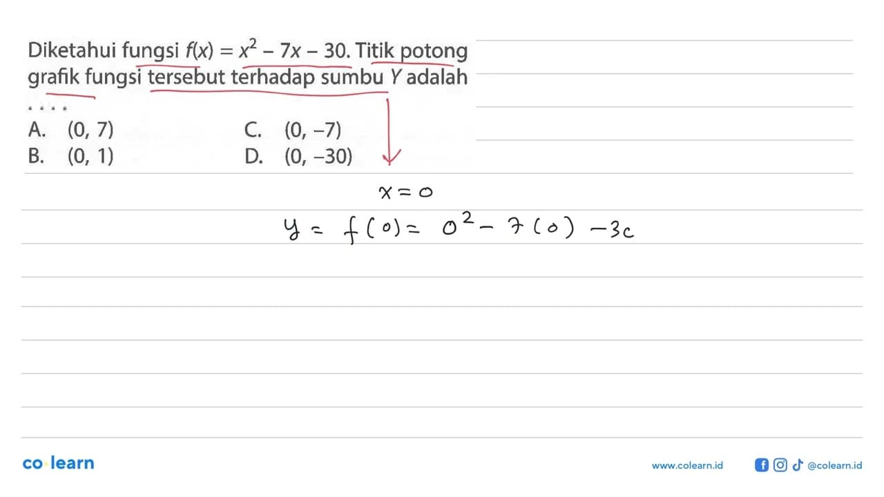 Diketahui fungsi f(x) = x^2 - 7x - 30. Titik potong grafik