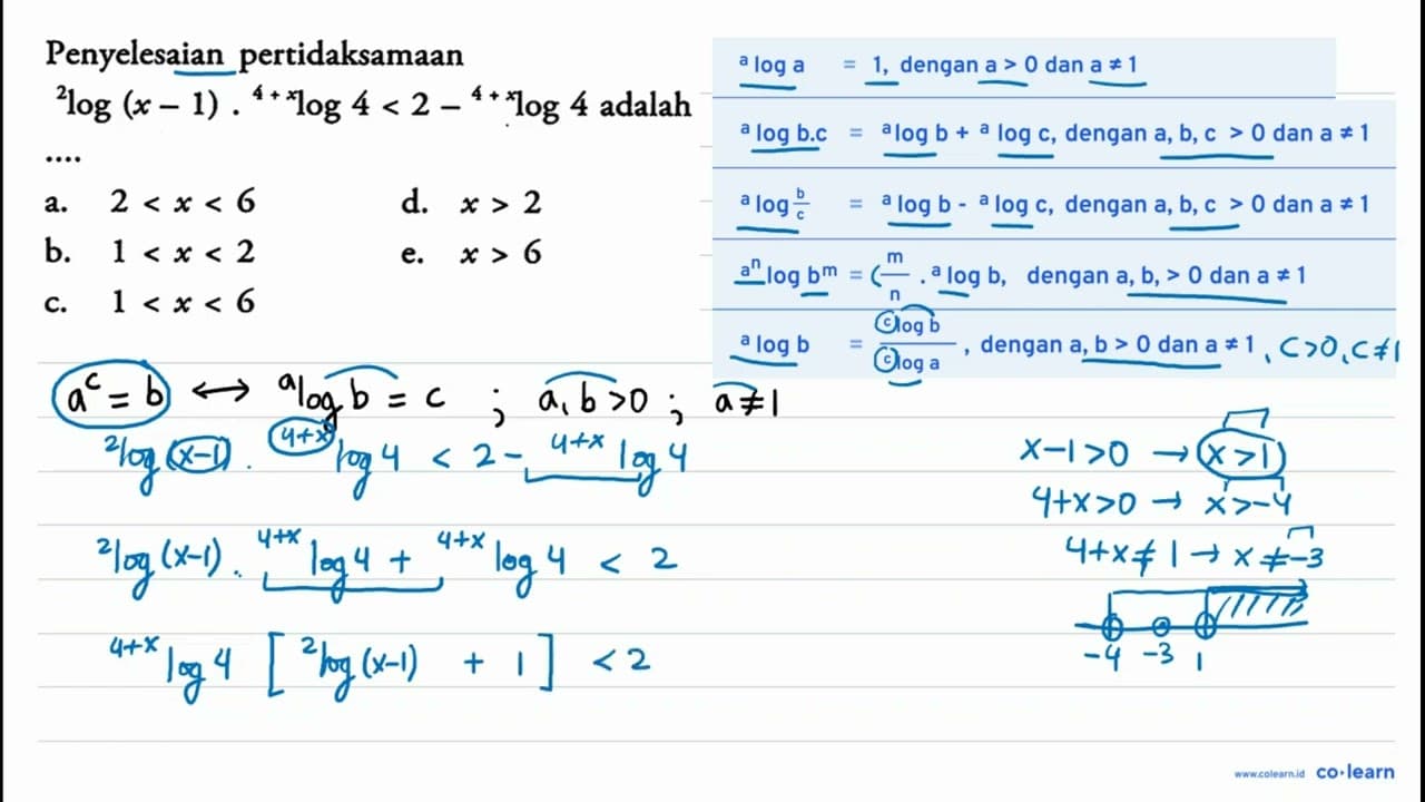 Penyelesaian pertidaksamaan 2 log(x-1). (4+x)log