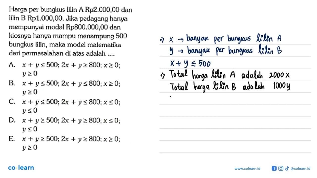 Harga per bungkus lilin A Rp2.000,00 dan lilin B