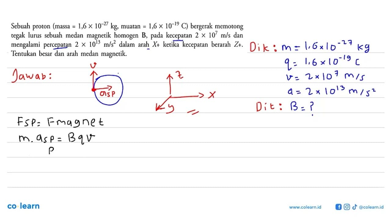 Sebuah proton (massa = 1,6 X 10^-27 kg, muatan = 1,6 X