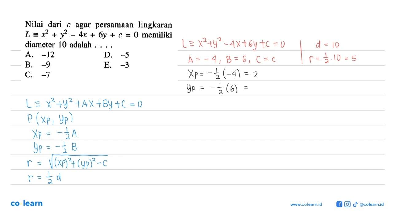 Nilai dari c agar persamaan lingkaran L ekuivalen