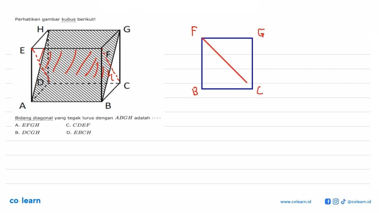 Perhatikan gambar kubus berikut!ABCD.EFGHBidang diagonal