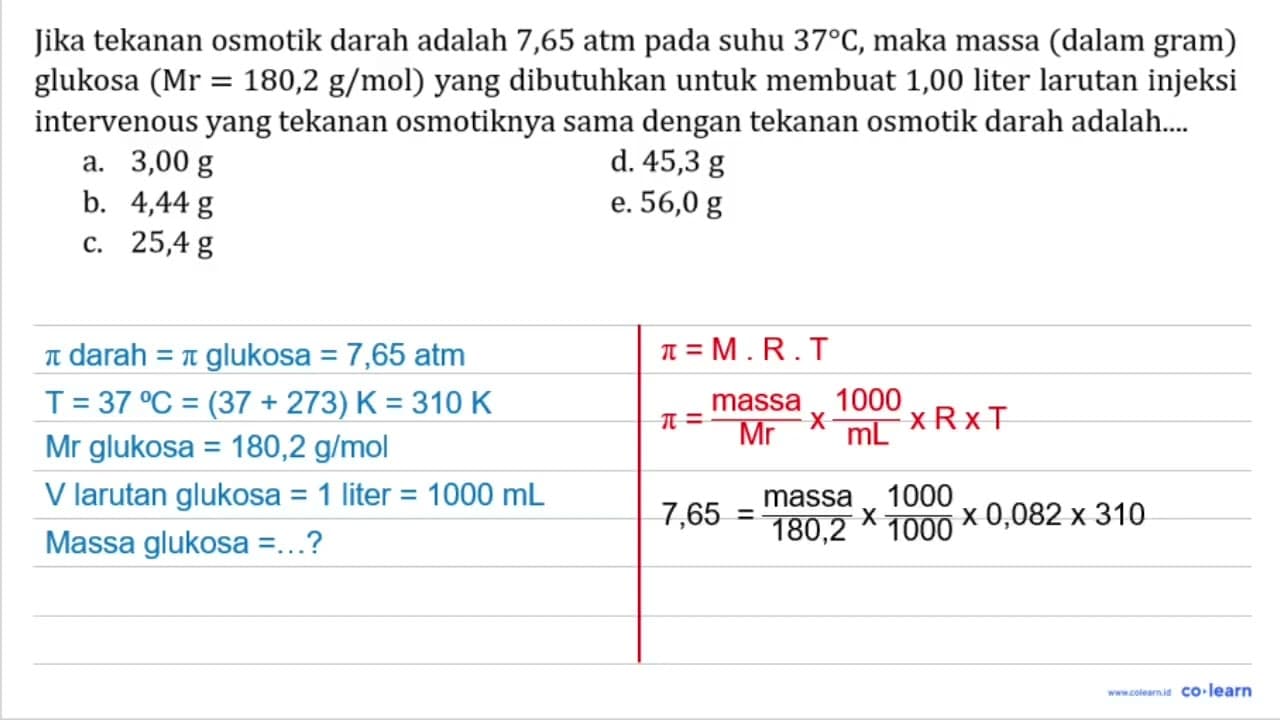 Jika tekanan osmotik darah adalah 7,65 atm pada suhu 37 C ,