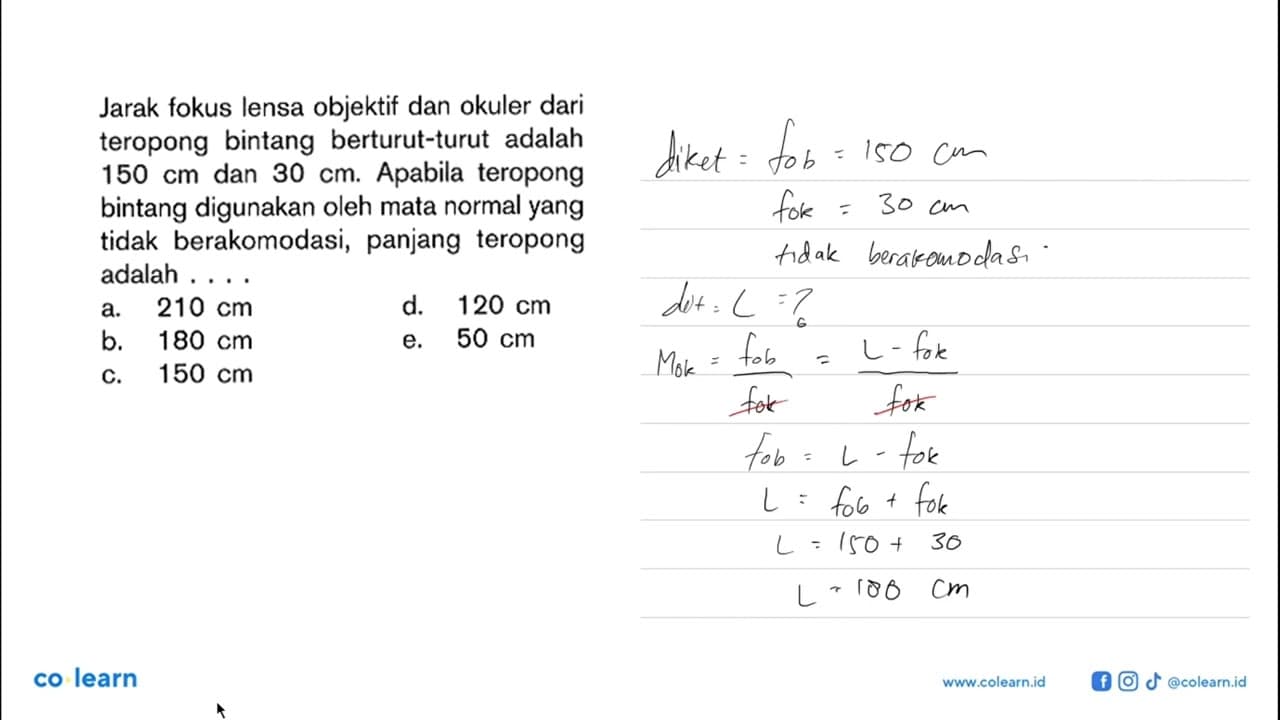 Jarak fokus lensa objektif dan okuler dari teropong bintang