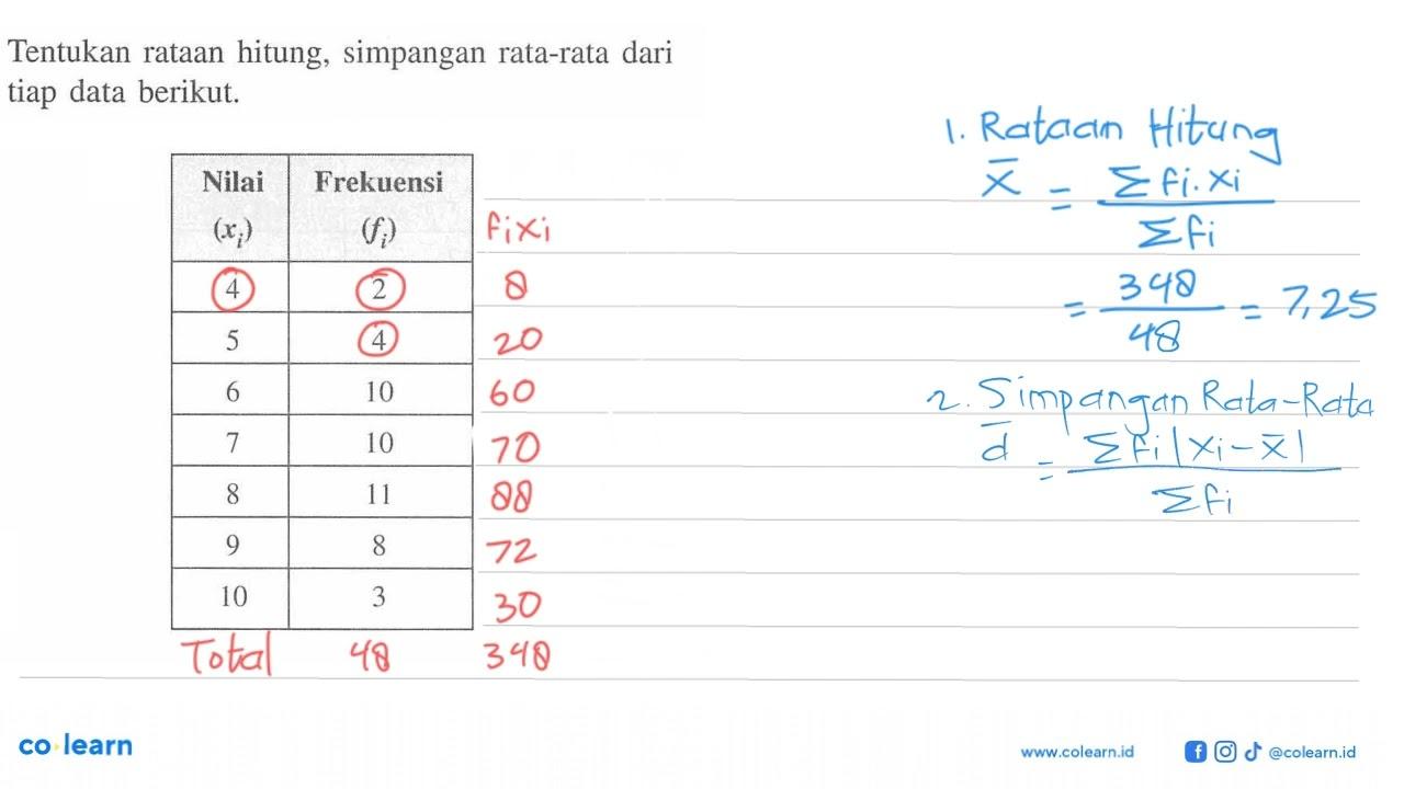 Tentukan rataan hitung, simpangan rata-rata dari tiap data