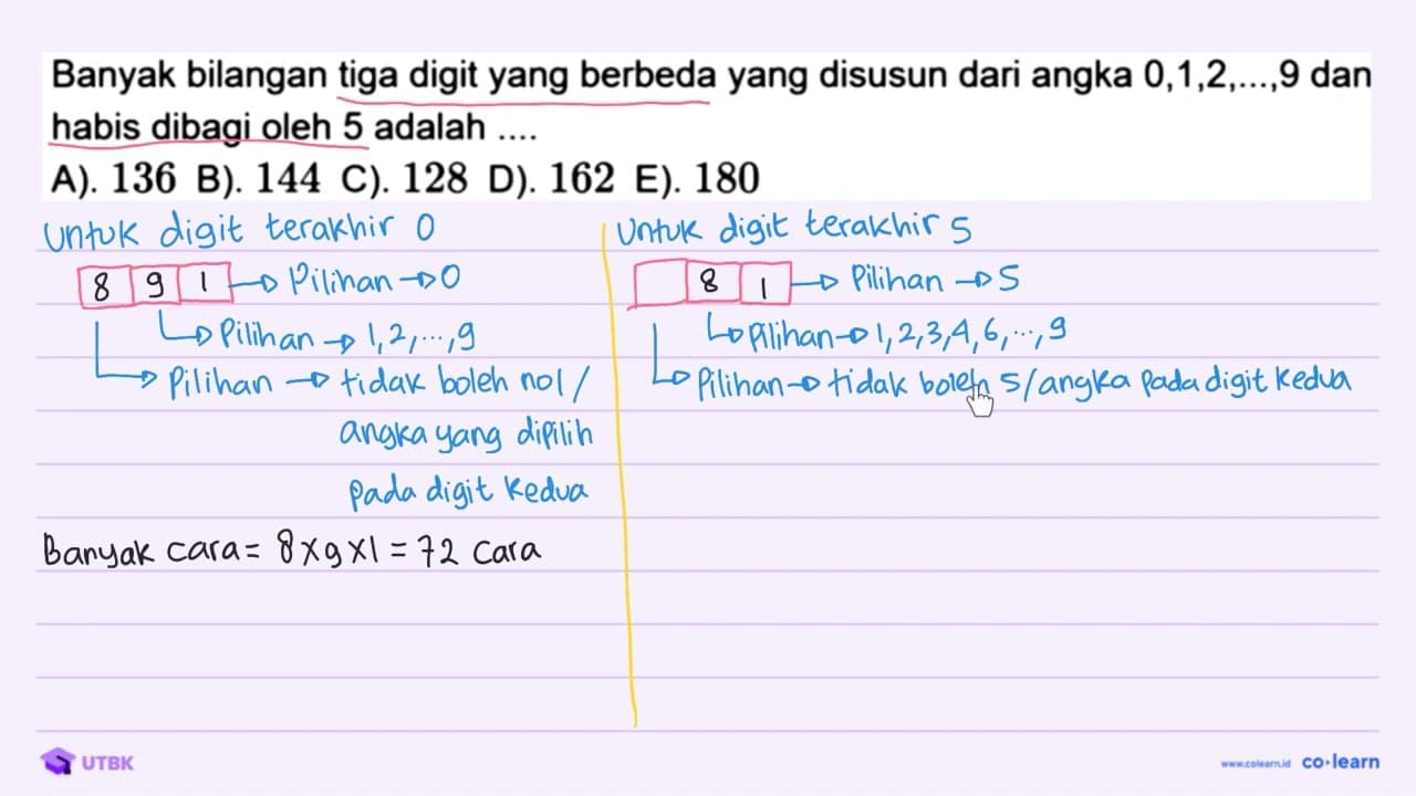 Banyak bilangan tiga digit yang berbeda yang disusun dari