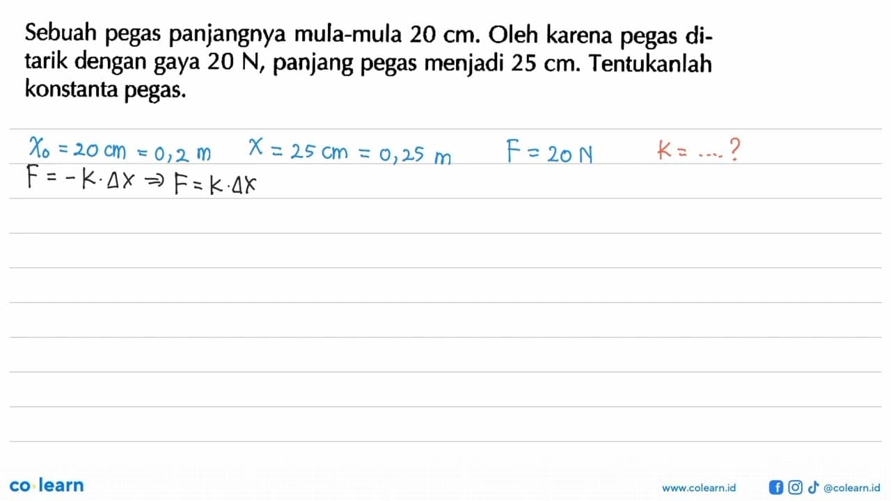 Sebuah pegas panjangnya mula-mula 20 cm. Oleh karena pegas