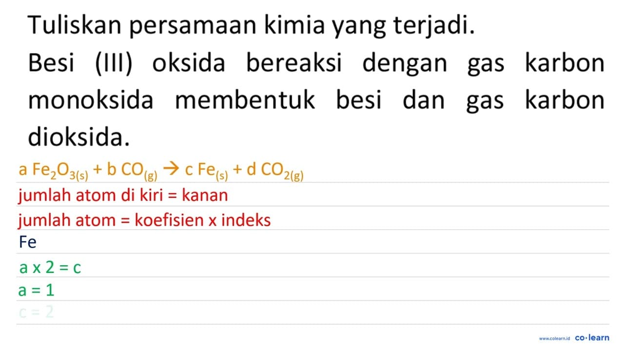 Tuliskan persamaan kimia yang terjadi. Besi (III) oksida