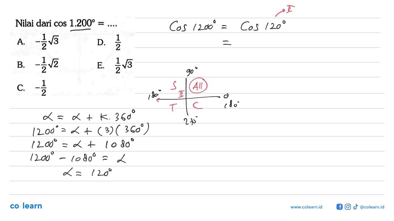 Nilai dari cos 1.200= ....