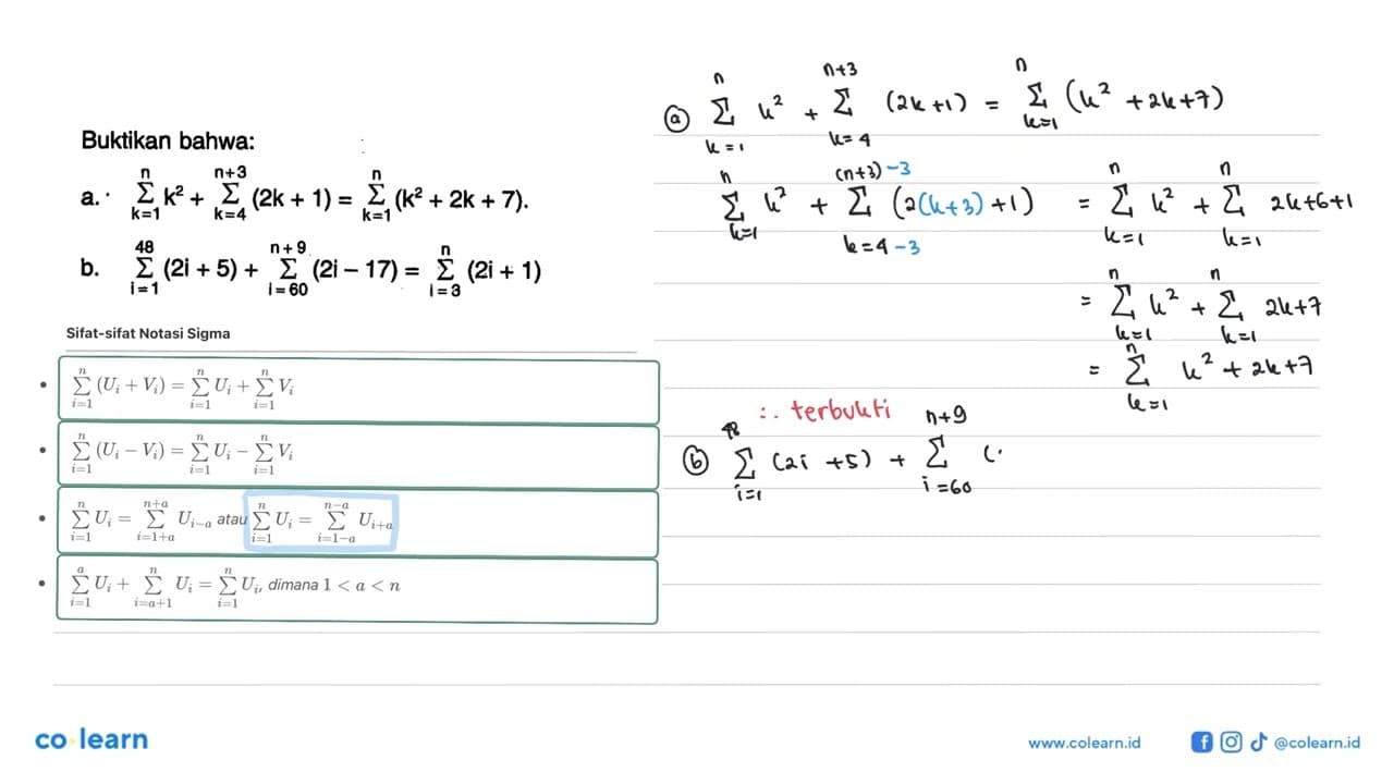 Buktikan bahwa: a. sigma k=1 n k^2+sigma k=4 n+3