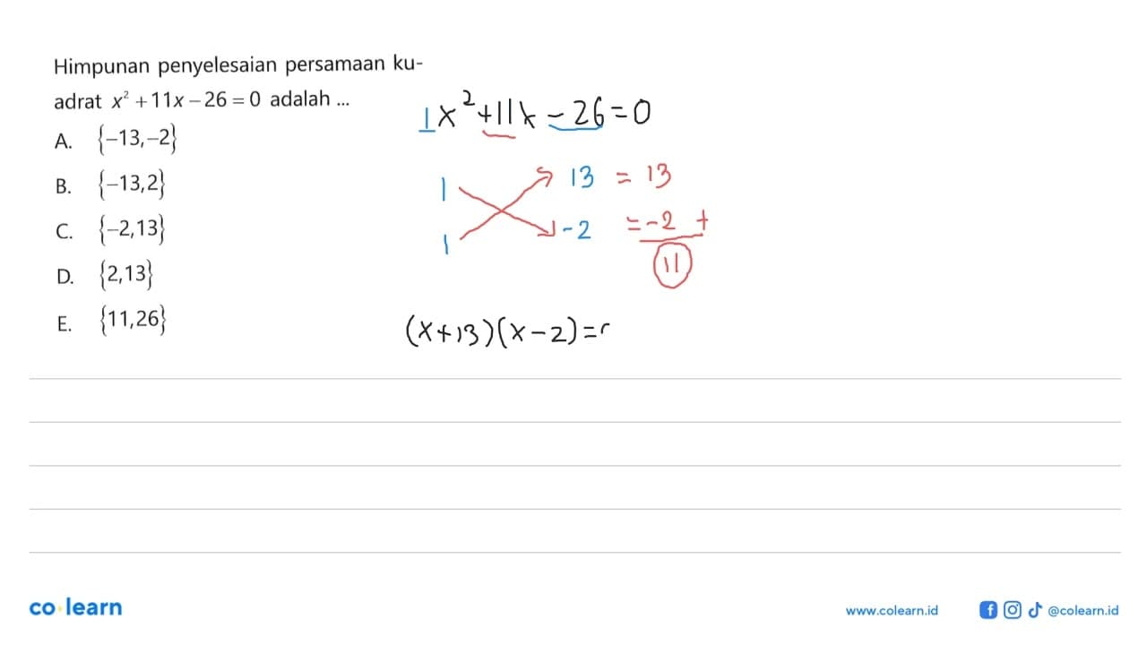 Himpunan penyelesaian persamaan kuadrat x^2 + 11x - 26 = 0