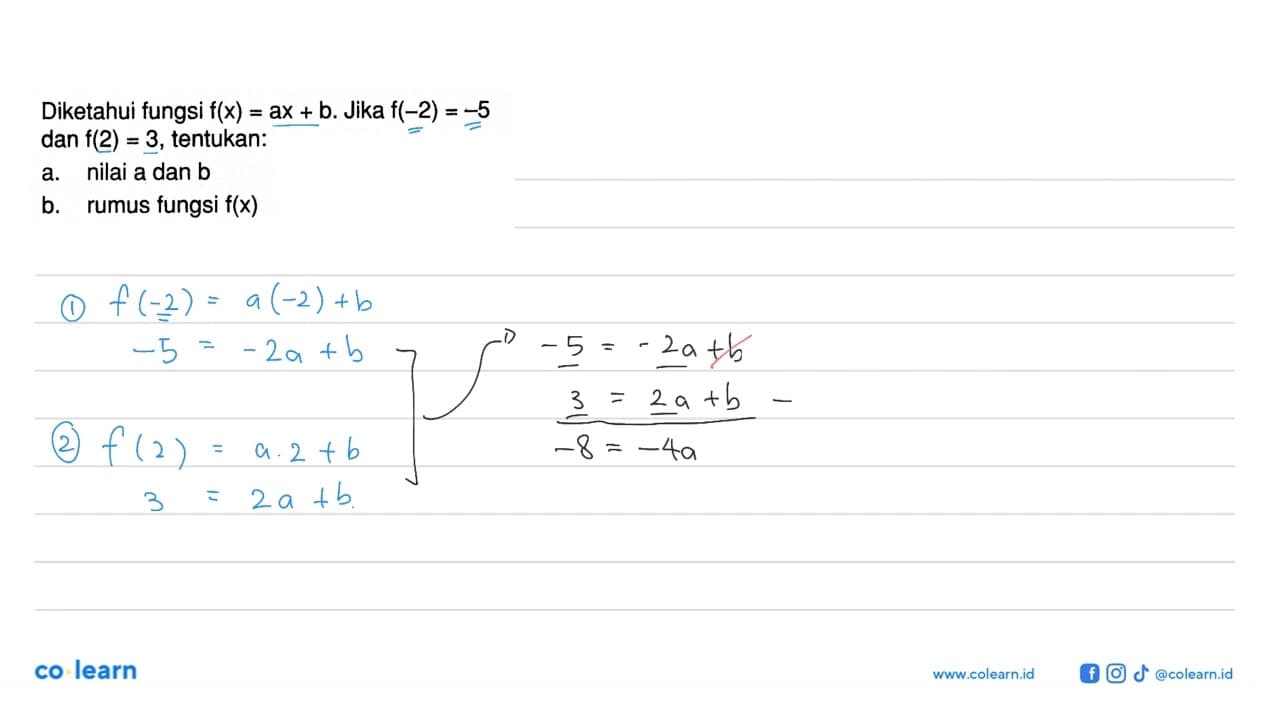 Diketahui fungsi f(x)=ax+b. Jika f(-2)=-5 dan f(2)=3 ,
