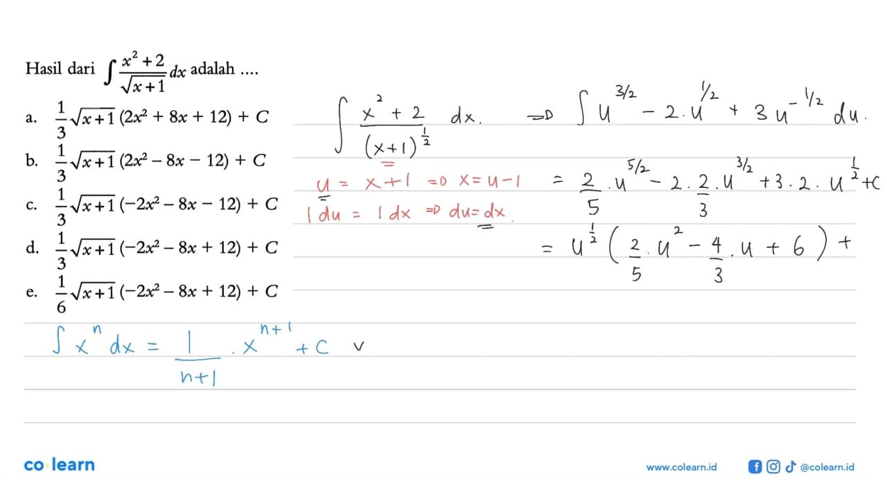 Hasil dari integral (x^2+2)/akar(x+1) dx adalah ....