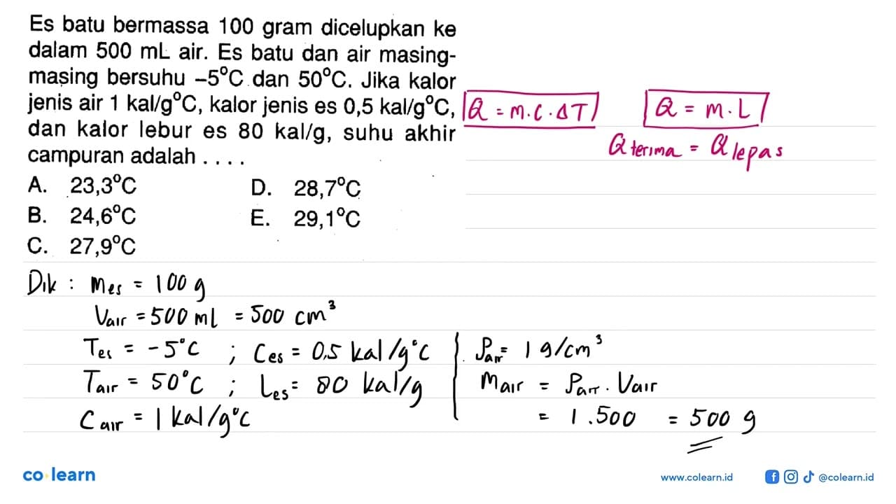 Es batu bermassa 100 gram dicelupkan ke dalam 500 mL air.