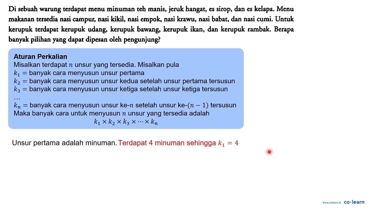 Di sebuah warung terdapat menu minuman teh manis, jeruk