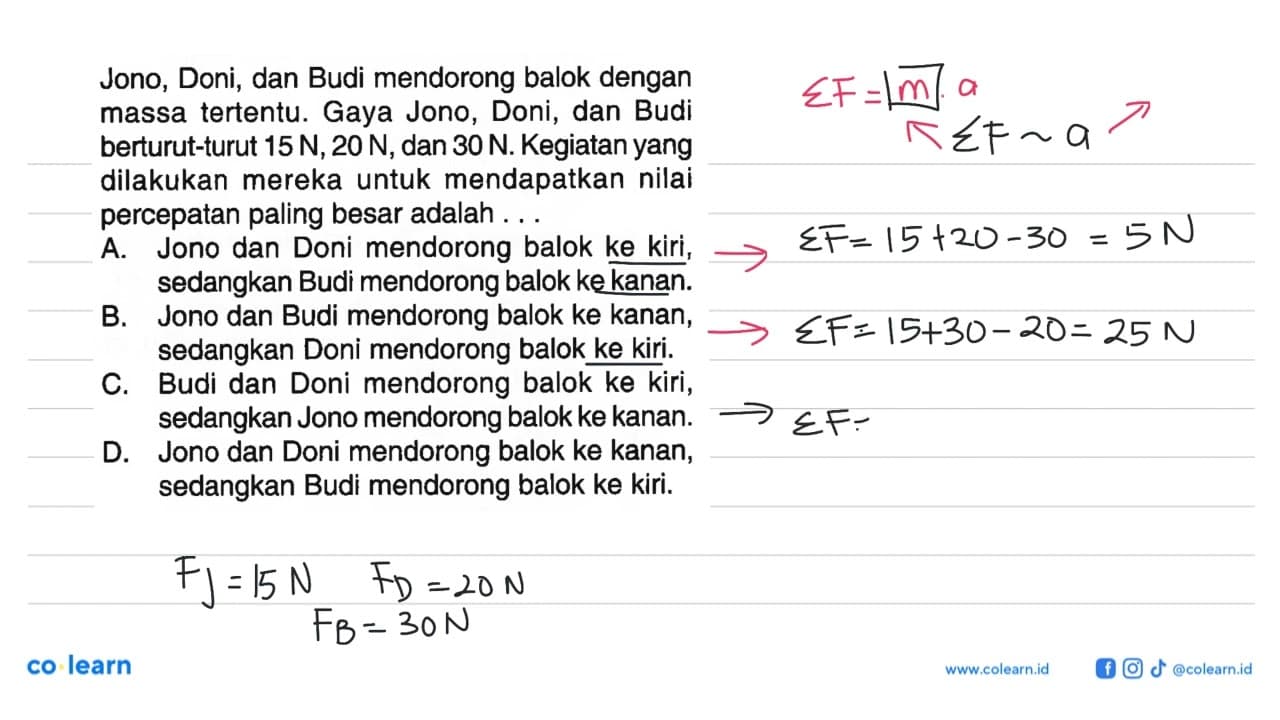 Jono, Doni, dan Budi mendorong balok dengan massa tertentu.