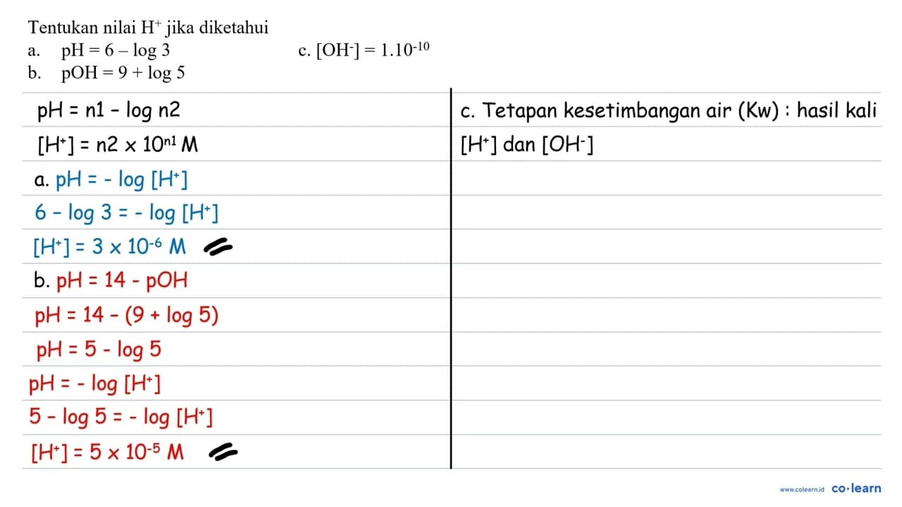 Tentukan nilai H^(+) jika diketahui a. pH=6-log 3 b.