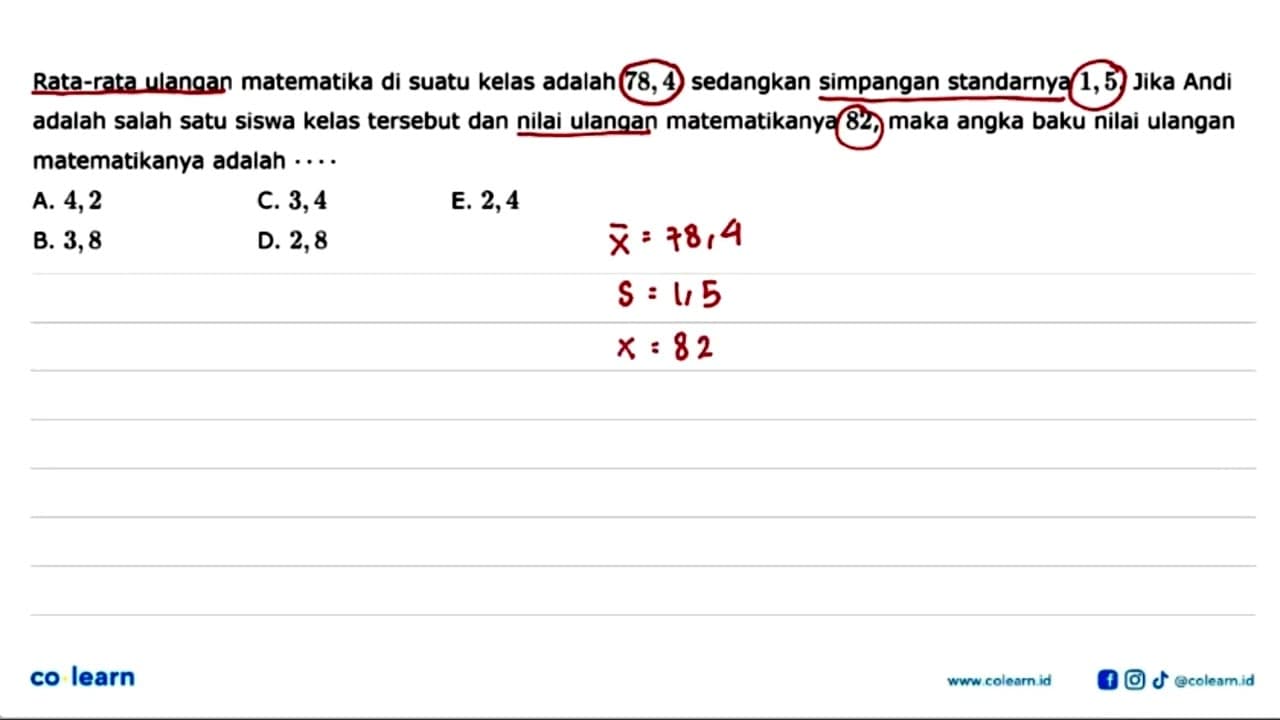 Rata-rata ulangan matematika di suatu kelas adalah 78, 4,