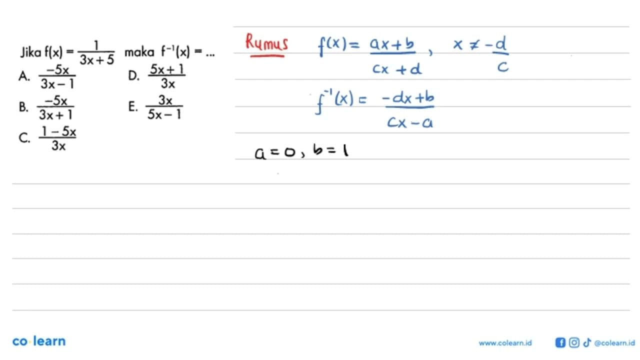 Jika f(x)=1/(3x+5) maka f^(-1)(x)=...