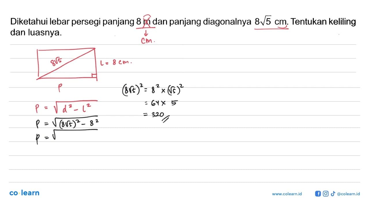 Diketahui lebar persegi panjang 8 m dan panjang diagonalnya