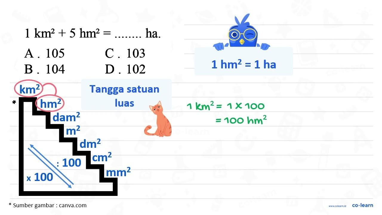 1 ~km^(2)+5 hm^(2)=... ... . . ha. A. 105 C. 103 B. 104 D.