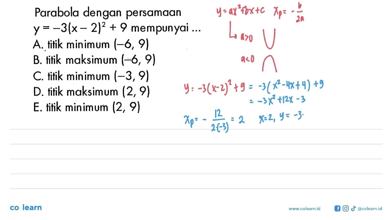 Parabola dengan persamaan y=-3(x-2)^2+9 mempunyai ... A.