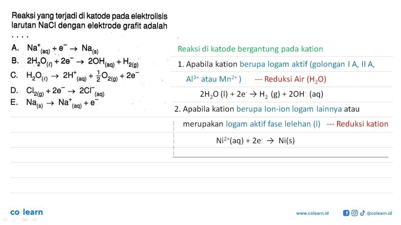 Reaksi yang terjadi di katode pada elektrollsis larutan