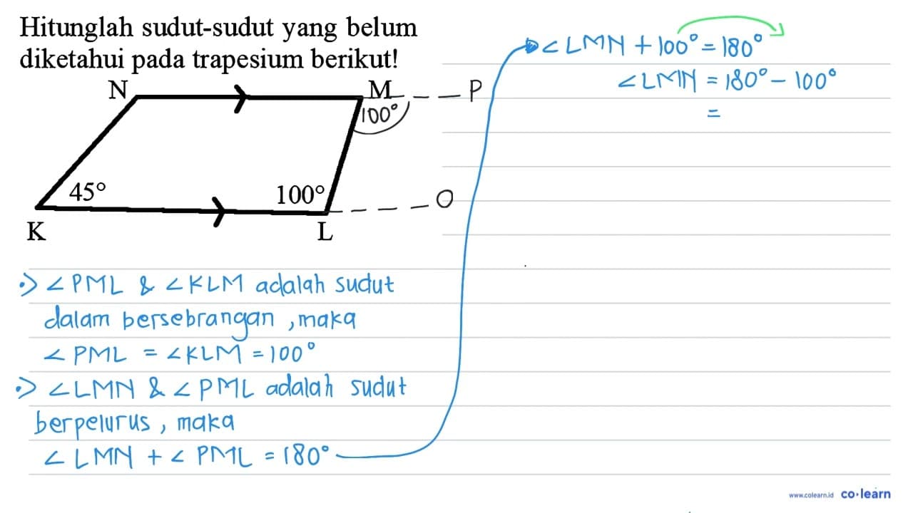 Hitunglah sudut-sudut yang belum diketahui pada trapesium