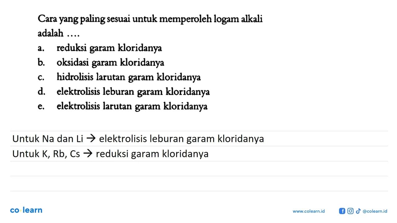 Cara yang paling sesuai untuk memperoleh logam alkali