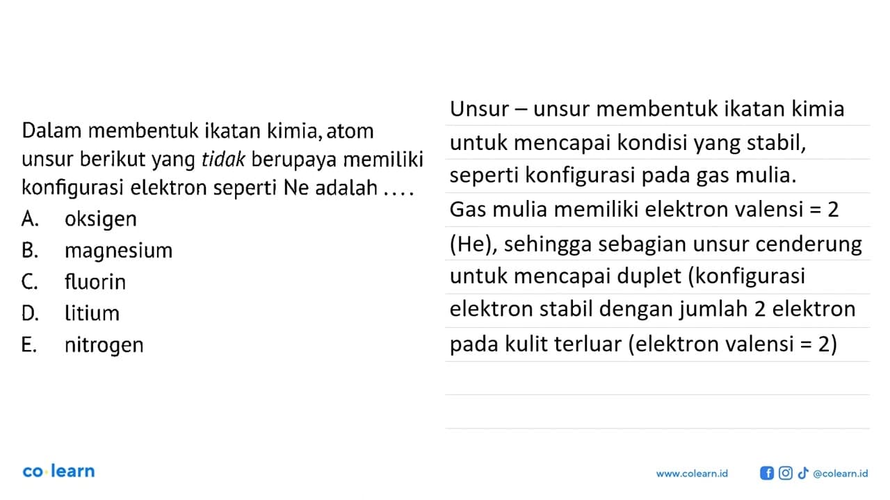 Dalam membentuk ikatan kimia, atom unsur berikut yang tidak