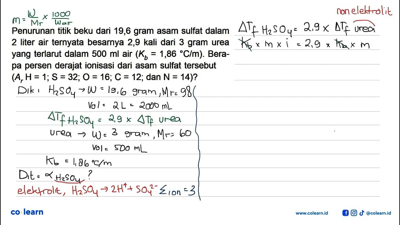 Penurunan titik beku dari 19,6 gram asam sulfat dalam 2