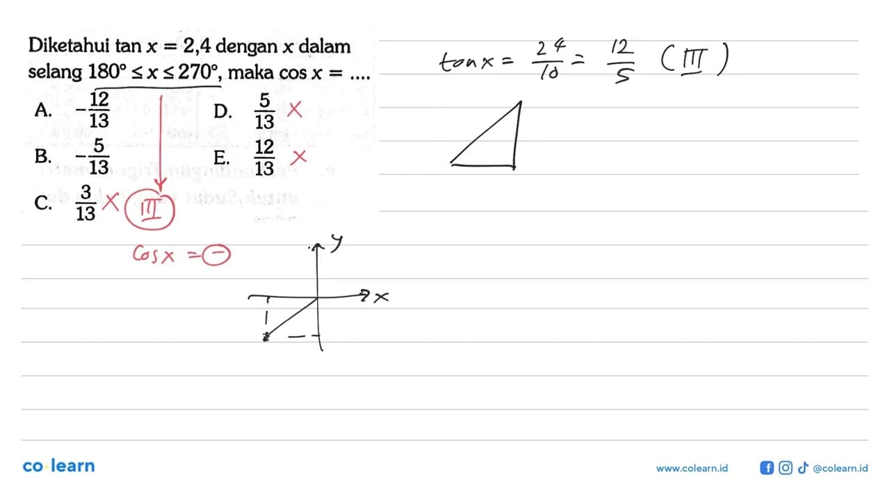 Diketahui tan x=2,4 dengan x dalam selang 180<=x<=270, maka