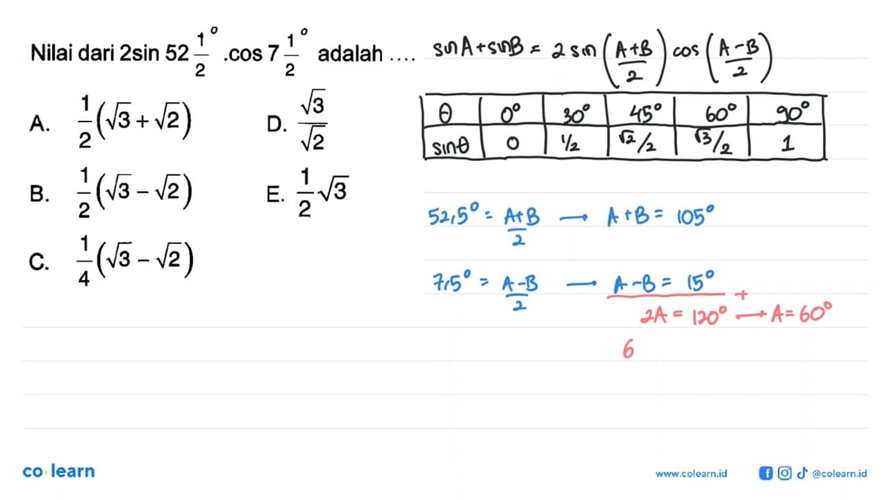 Nilai dari 2 sin (52 1/2) . cos (7 1/2) adalah