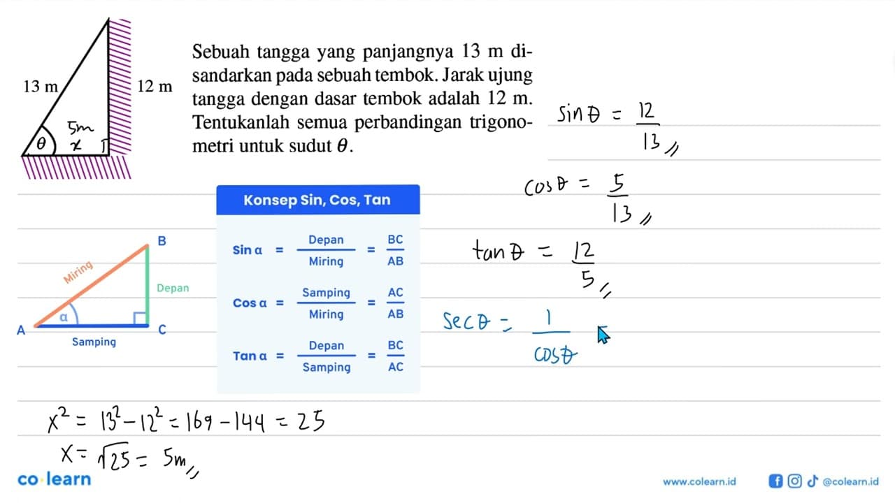 13 m 12 m theta Sebuah tangga yang panjangnya 13 m