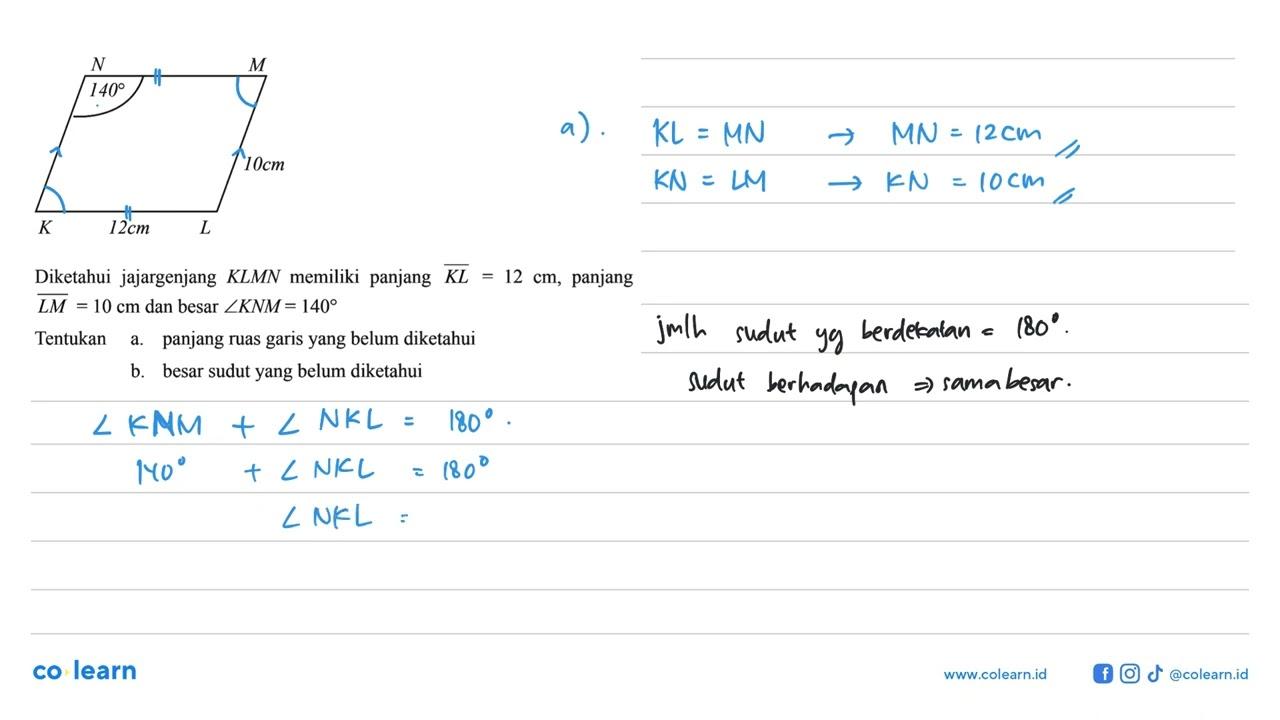 Diketahui jajargenjang KLMN memiliki panjang KL=12 cm,