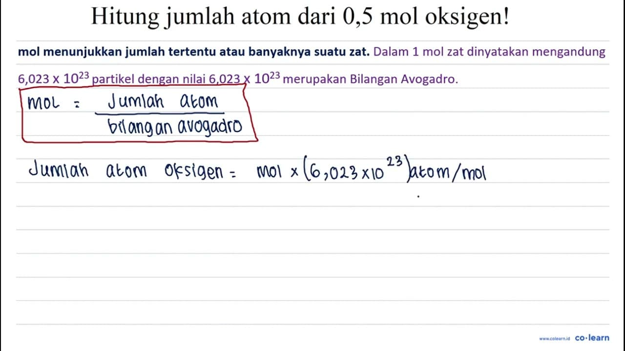 Hitung jumlah atom dari 0,5 ~mol oksigen!