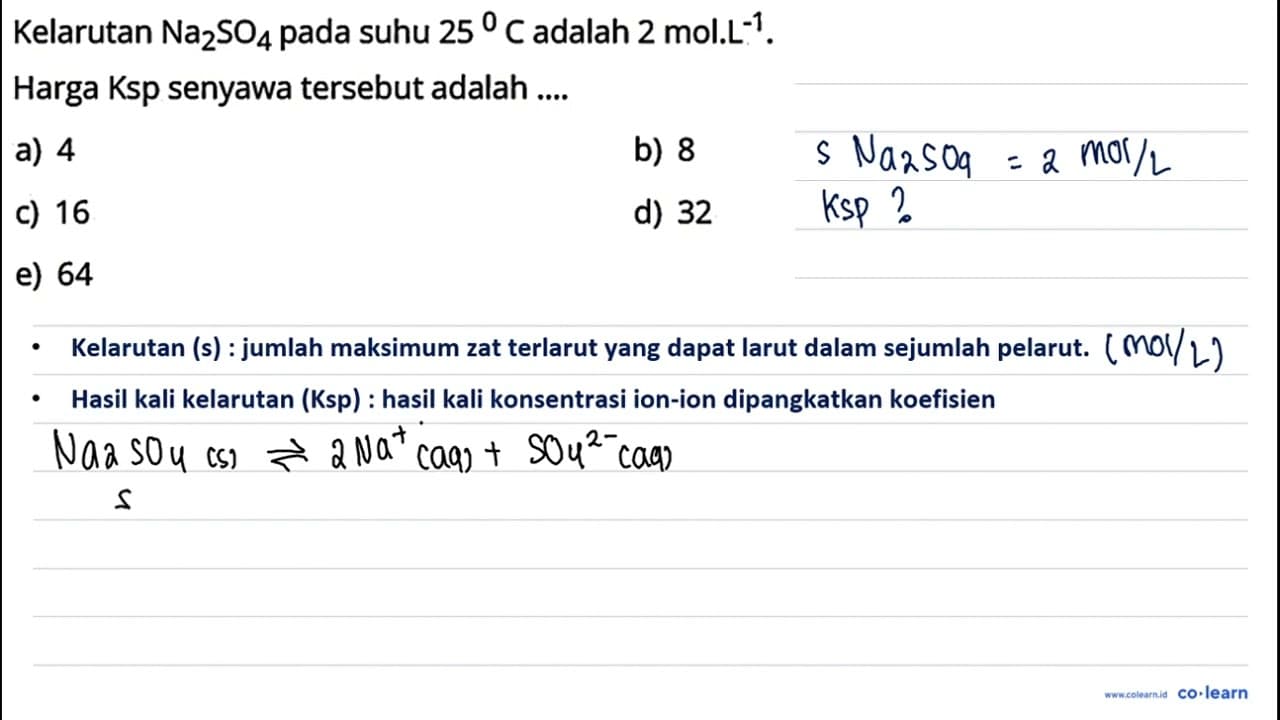 Kelarutan Na2SO4 pada suhu 25 C adalah 2 mol . L^(-1).