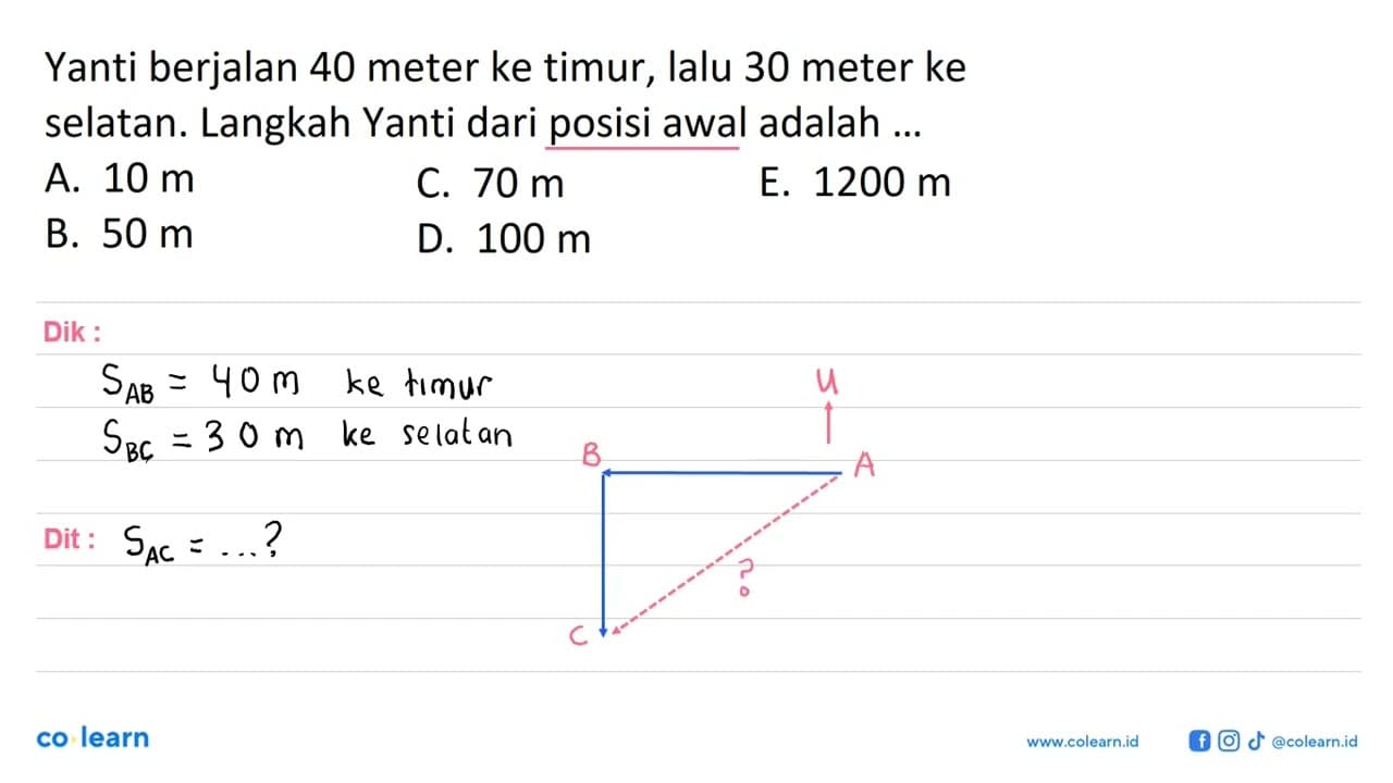 Yanti berjalan 40 meter ke timur, lalu 30 meter ke selatan.