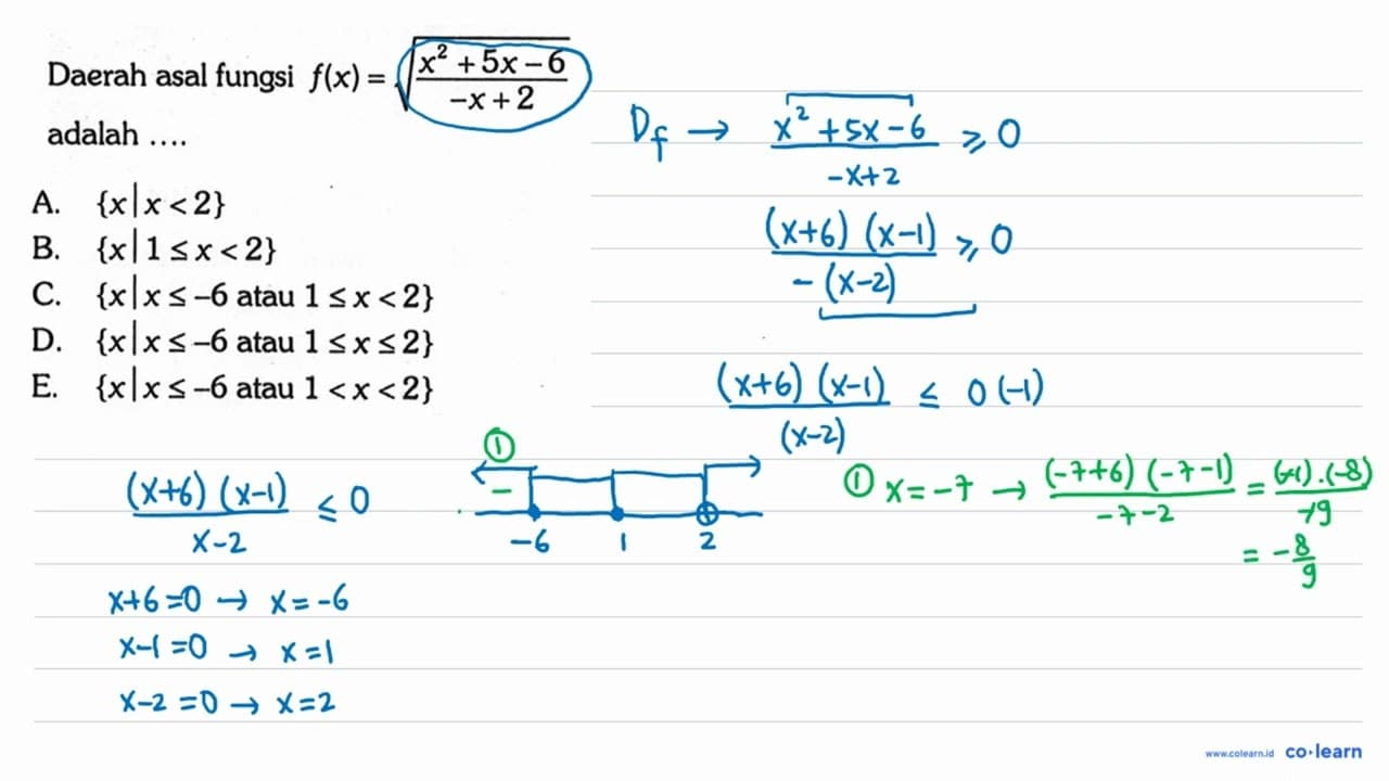 Daerah asal fungsi f(x)=akar((x^2+5x-6)/(-x+2)) adalah ....